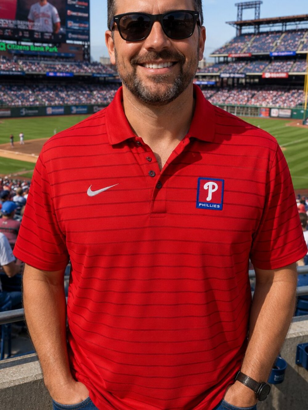 Men's Phillies Baseball Shirt by Nike-Sz L-Red Striped Performance Golf Shirt